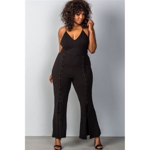 Wide Split Leg Lace-Up Plus Size Jumpsuit (Black)